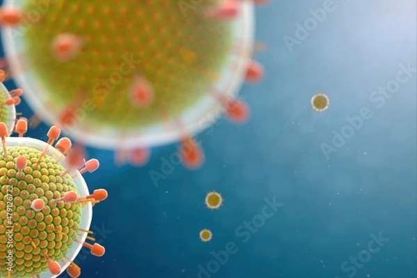 Fototapeta Paramyxovirus mumps , COVID pandemic, Close-up of virus under microscope. Realistic high quality medical 3d animation.