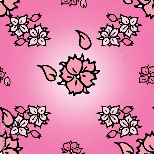 Fototapeta Vector pink background white pink cherry tree flowers and cherry blossom sakura flowers. Seamless pattern background