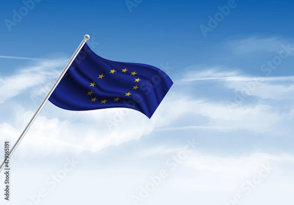 Fototapeta Flag of the European Union (EU) on a stick, clear sky in the background