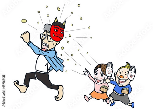 Obraz 節分で子供に豆を投げつけられるお父さん.