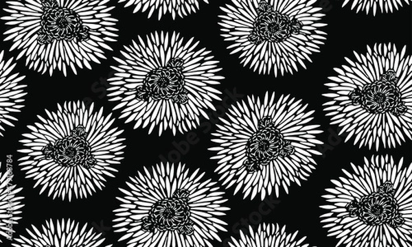 Fototapeta Vector black and white abstract floral seamless pattern of minimalist chrysanthemums in the style of traditional Asian and Japanese stencil textile prints.