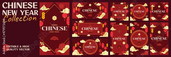 Obraz Happy Chinese New Year background template. Including cny elements like lantern, cloud, hand fan and flower. Vector pack bundle collection
