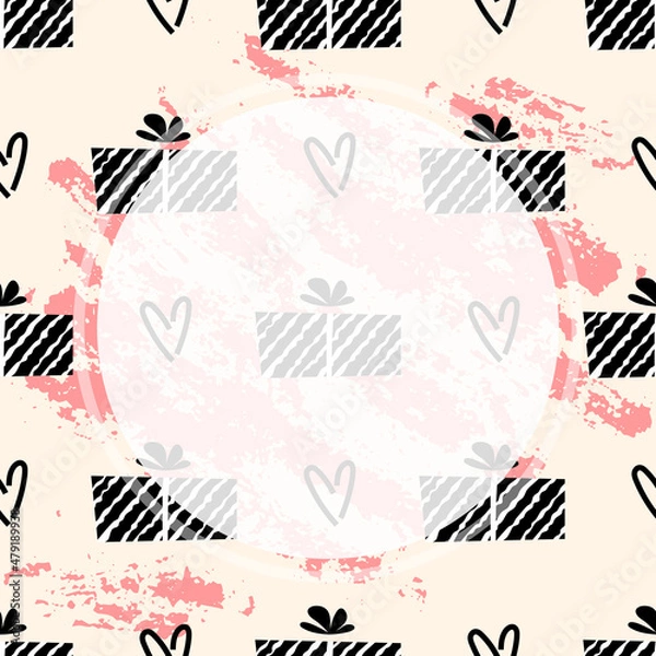 Fototapeta Abstract vector background with gift and heart shapes and white circle as a template for your social media content and banners or flyers. Seamless texture