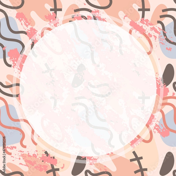 Fototapeta Abstract vector template with shapes in scribble and doodle style and white circle in pastel trendy beige colors as a background for your social media content and banners or flyers. Seamless texture