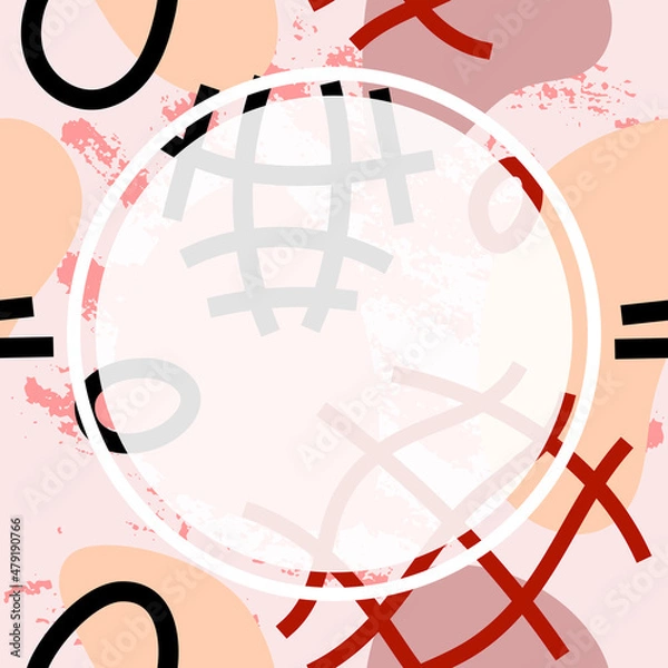 Fototapeta Abstract vector template with shapes in scribble and doodle style and white circle in pastel trendy beige colors as a background for your social media content and banners or flyers. Seamless texture