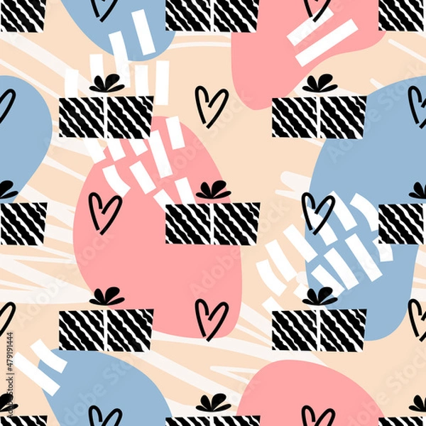Fototapeta Cute gift pattern in beige pastel colors with seamless texture for wrapping paper and backgrounds