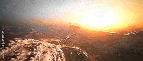 Fototapeta Panoramic view of the arid rocky desert during sunrise