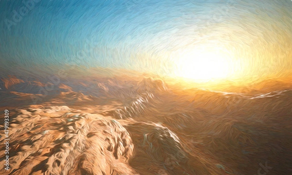 Fototapeta Panoramic view of the arid rocky desert during sunrise