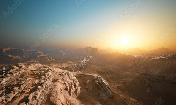 Fototapeta Panoramic view of the arid rocky desert during sunrise