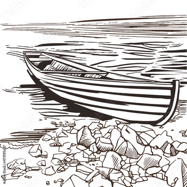 Fototapeta Wooden boat on the bank of the sketch river. View of the rocky shore with a boat