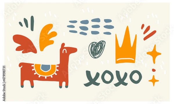 Fototapeta Abstract geometric colored shapes and hand drawn doodle objects. Trendy contemporary modern set. Isolated llama, crown, wings, blobs, xoxo text as design elements for your work. Vector illustration