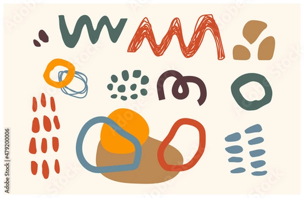 Obraz Abstract geometric pastel colorful shapes and hand drawn doodle objects. Trendy contemporary modern silhouettes. Isolated curves and blobs as design elements set for your work. Vector illustration