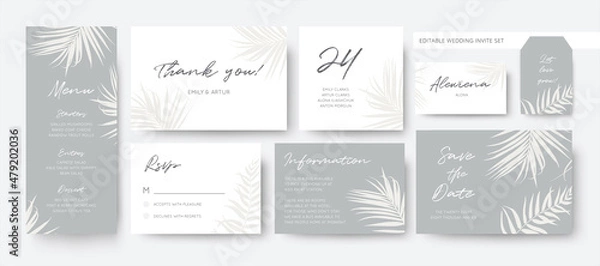 Fototapeta Vector, classy wedding stationery, business card template set. Editable menu, rsvp, thank you, details, label, save the date, place card set. Editable gray and white palm leaves, foliage border, frame