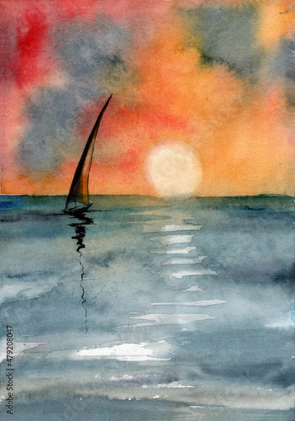 Fototapeta Watercolor illustration of a red and yellow sunset sky over a blue sea with a sailboat on the horizon
