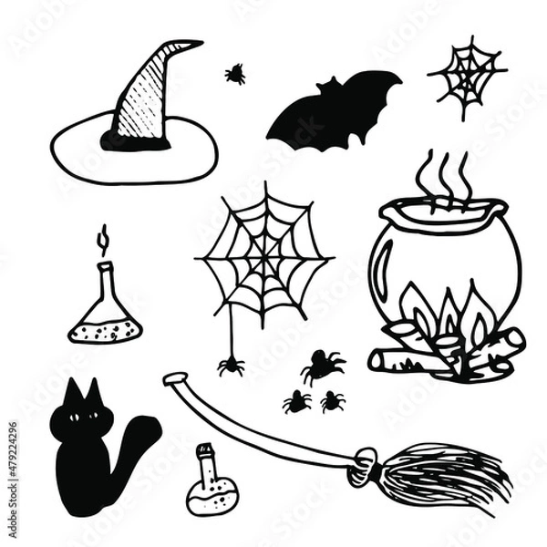 Fototapeta Vector Halloween Witch doodle set in line. Black and white hand drawn illustration. Good for invitations, wrapping paper, halloween design