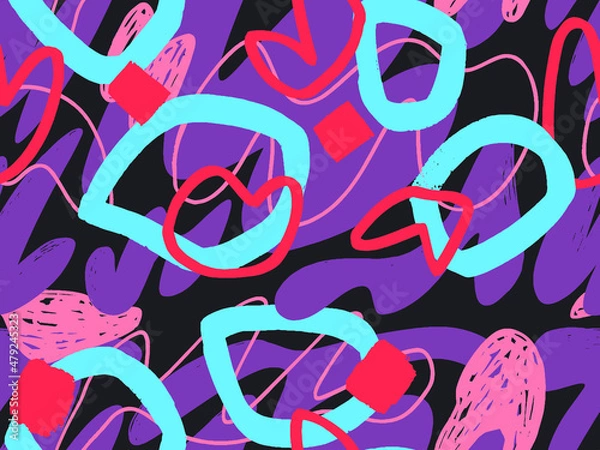 Fototapeta Seamless abstract doodle background pattern in bright summer positive colors. Hand-drawn abstract pattern with randomly arranged spots and dots and lines. Pencil and paint texture.