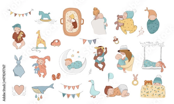 Fototapeta Trendy baby and children illustrations, hand drawn baby shower invites, birth announcement. Vintage style. Vector illustrations