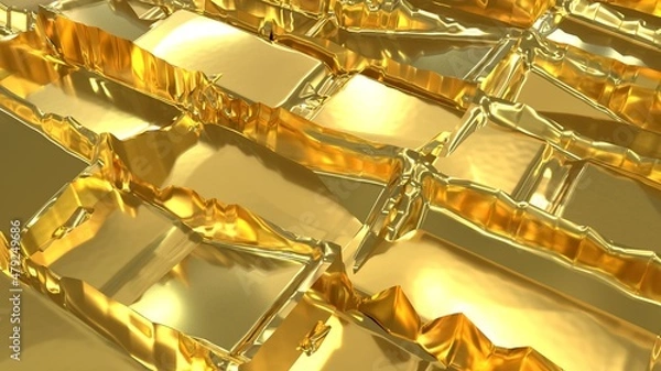 Fototapeta The texture of a golden brick with a smooth surface. Golden background. Brick surface with uneven seams. 3D image.
