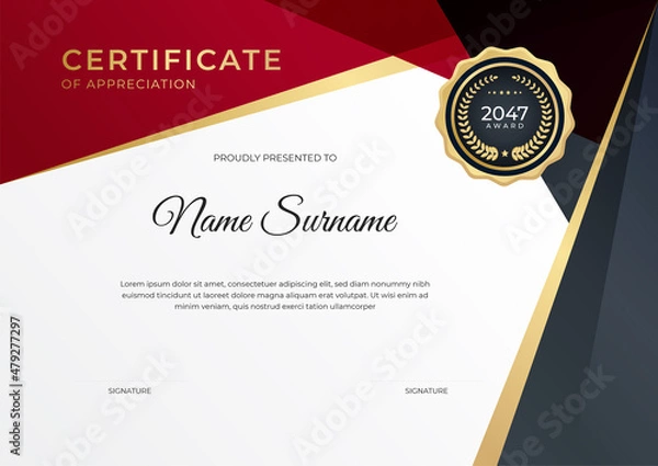 Obraz Modern gradient red black gold certificate design Template