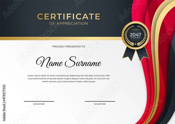 Obraz Modern gradient red black gold certificate design Template