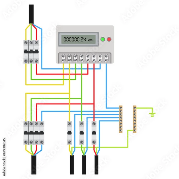 Fototapeta Three-phase network energy meter connection diagram. Vector illustration.