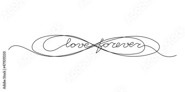 Fototapeta Continuous One Line script cursive text love forever. Vector illustration for poster, card, banner valentine day, wedding, print on shirt.