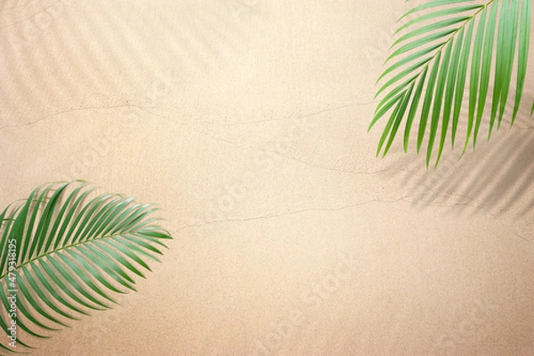 Fototapeta Tropical palm leaves and shadown lay down on sand floor minimal  summer background concept