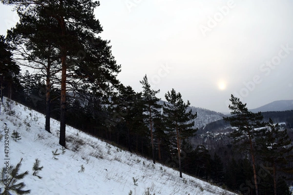 Fototapeta Sunset in the mountains. Mountain landscape in winter. Snow-covered rocks. Bad weather in the mountains. Stormy