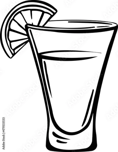 Fototapeta Glass of tequila with lemon stack of alcohol, freehand drawing v