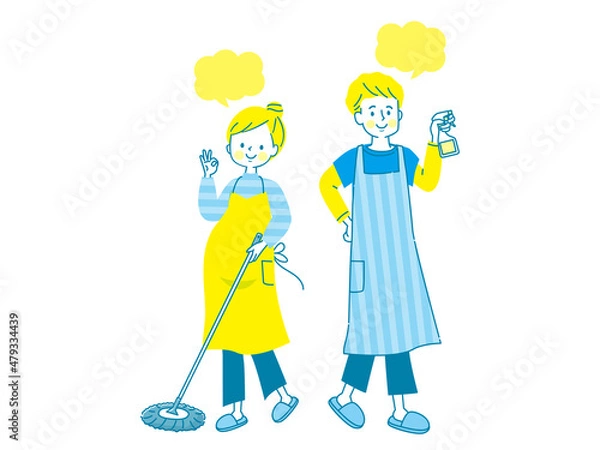 Fototapeta 家の中を除菌する笑顔の夫婦