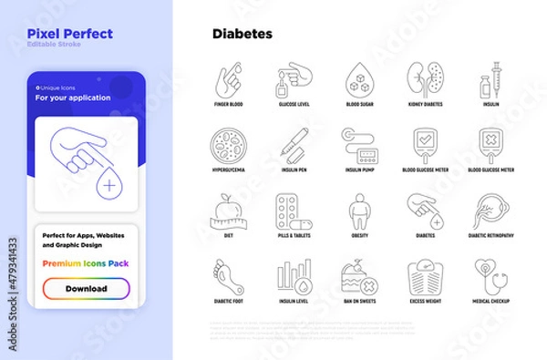 Obraz Diabetes thin line icons set: blood test, glucometer, glucose level, insulin pen, hyperglycemia, insulin pump, diabetic retinopathy, obesity. Pixel perfect, editable stroke. Vector illustration.