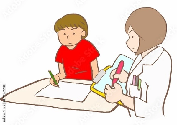 Fototapeta 発達障害　臨床心理士の心理検査を受ける男の子