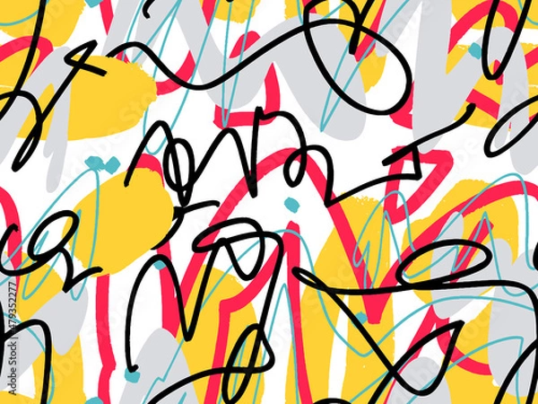 Fototapeta Seamless abstract doodle background pattern in bright summer positive colors. Hand-drawn abstract pattern with randomly arranged spots and dots and lines. Pencil and paint texture.