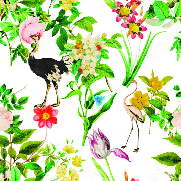 Obraz A beautiful and stunning repeated pattern of florals and birds free download perfect for fabrics, t-shirts, mugs, packaging etc