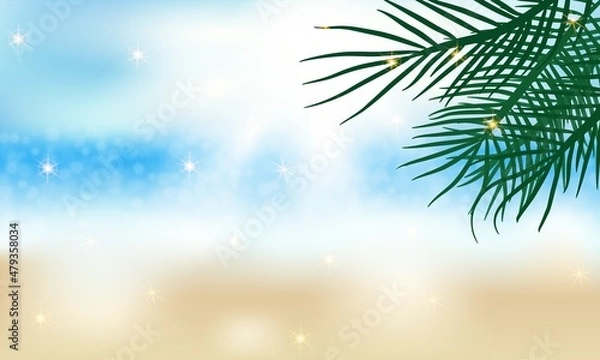 Fototapeta Summer background with palm brunches and beautiful bokeh.