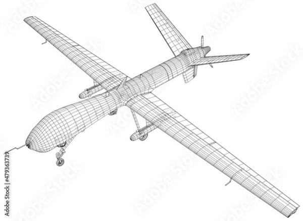Obraz Aircraft. Vector rendering of 3d. Predator military drone. The layers of visible and invisible lines are separated. Wire-frame.