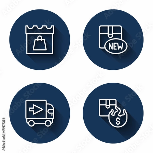 Fototapeta Set line Shopping day, New collection, Delivery cargo truck and Hot price with long shadow. Blue circle button. Vector