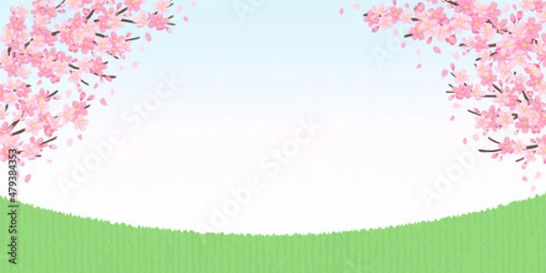 Obraz 桜と青空と草原のイラスト　背景素材　バナーサイズ