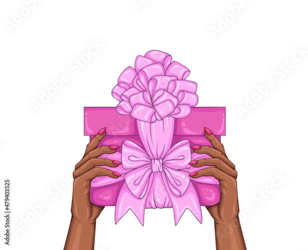 Fototapeta Vector drawing elegant African American woman hand. Woman Fashion model fingers with manicure long sharp nails holding pink gift boxes decorated ribbons and bows. Design print Festive greeting present