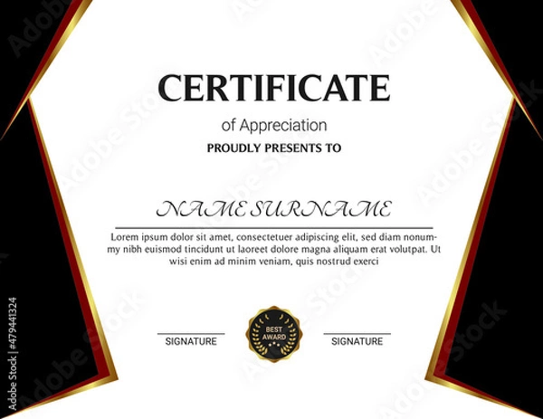 Fototapeta Certificate of appreciation template, gold and blue color. Clean modern certificate with gold badge. Horizontal certificate border template with luxury and modern line pattern. Diploma vector template