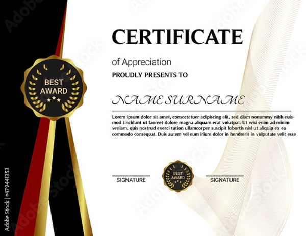 Fototapeta Certificate of appreciation template, gold and blue color. Clean modern certificate with gold badge. Horizontal certificate border template with luxury and modern line pattern. Diploma vector template