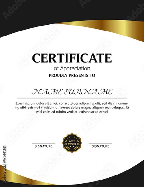 Fototapeta Certificate of appreciation template, gold and blue color. Clean modern certificate with gold badge. Horizontal certificate border template with luxury and modern line pattern. Diploma vector template
