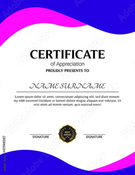 Fototapeta Certificate of appreciation template, gold and blue color. Clean modern certificate with gold badge. Horizontal certificate border template with luxury and modern line pattern. Diploma vector template