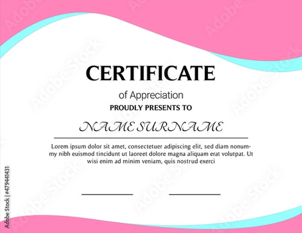 Fototapeta Certificate of appreciation template, gold and blue color. Clean modern certificate with gold badge. Horizontal certificate border template with luxury and modern line pattern. Diploma vector template