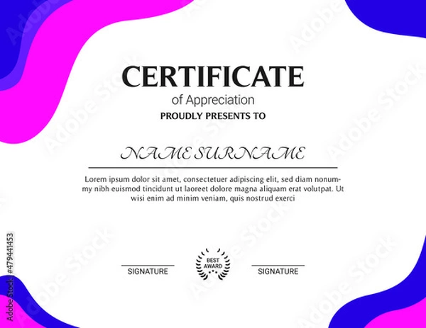 Fototapeta Certificate of appreciation template, gold and blue color. Clean modern certificate with gold badge. Horizontal certificate border template with luxury and modern line pattern. Diploma vector template