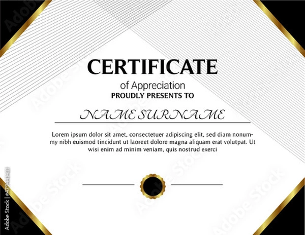 Fototapeta Certificate of appreciation template, gold and blue color. Clean modern certificate with gold badge. Horizontal certificate border template with luxury and modern line pattern. Diploma vector template