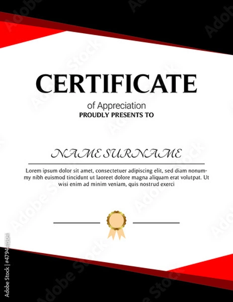 Fototapeta Certificate of appreciation template, gold and blue color. Clean modern certificate with gold badge. Horizontal certificate border template with luxury and modern line pattern. Diploma vector template