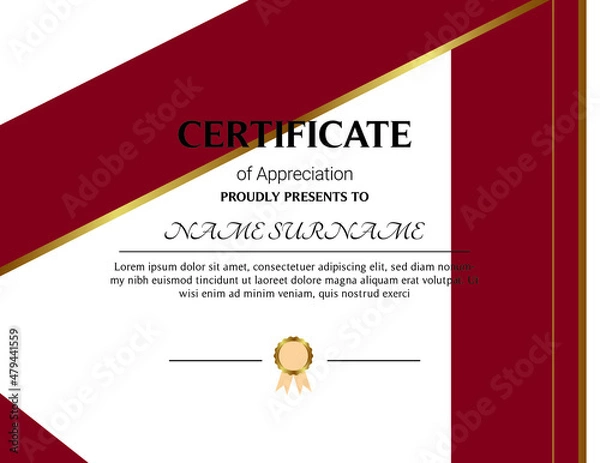 Fototapeta Certificate of appreciation template, gold and blue color. Clean modern certificate with gold badge. Horizontal certificate border template with luxury and modern line pattern. Diploma vector template