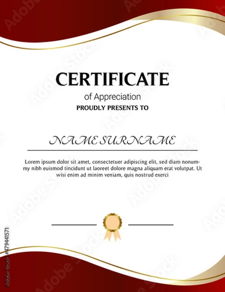 Fototapeta Certificate of appreciation template, gold and blue color. Clean modern certificate with gold badge. Horizontal certificate border template with luxury and modern line pattern. Diploma vector template