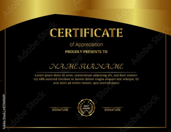 Fototapeta Certificate of appreciation template, gold and blue color. Clean modern certificate with gold badge. Horizontal certificate border template with luxury and modern line pattern. Diploma vector template